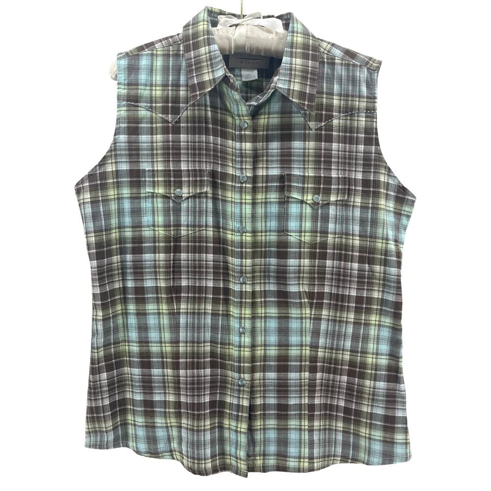 90s Wrangler Blues Pearl Snap Shirt Womens L Blue Plaid Western Contrast Stitch